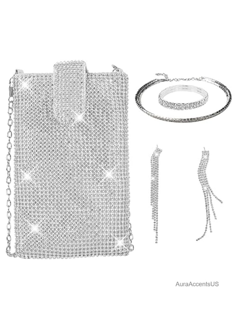 Rhinestone Bucket Bag with Jewelry Set Evening Handbag Bling Cell Phone Purse